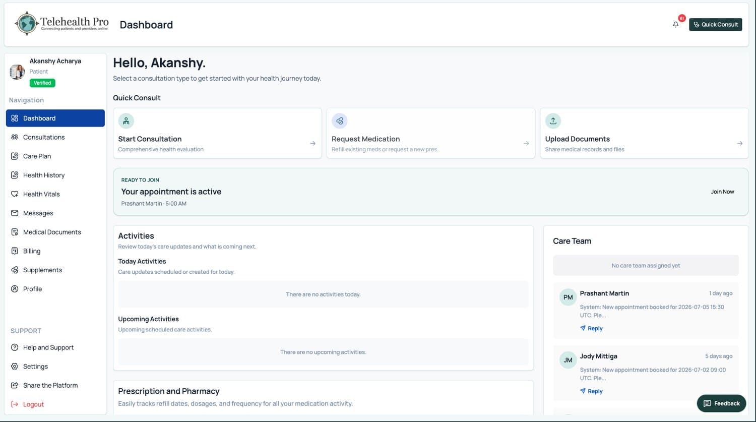 Telehealth Pro patient dashboard