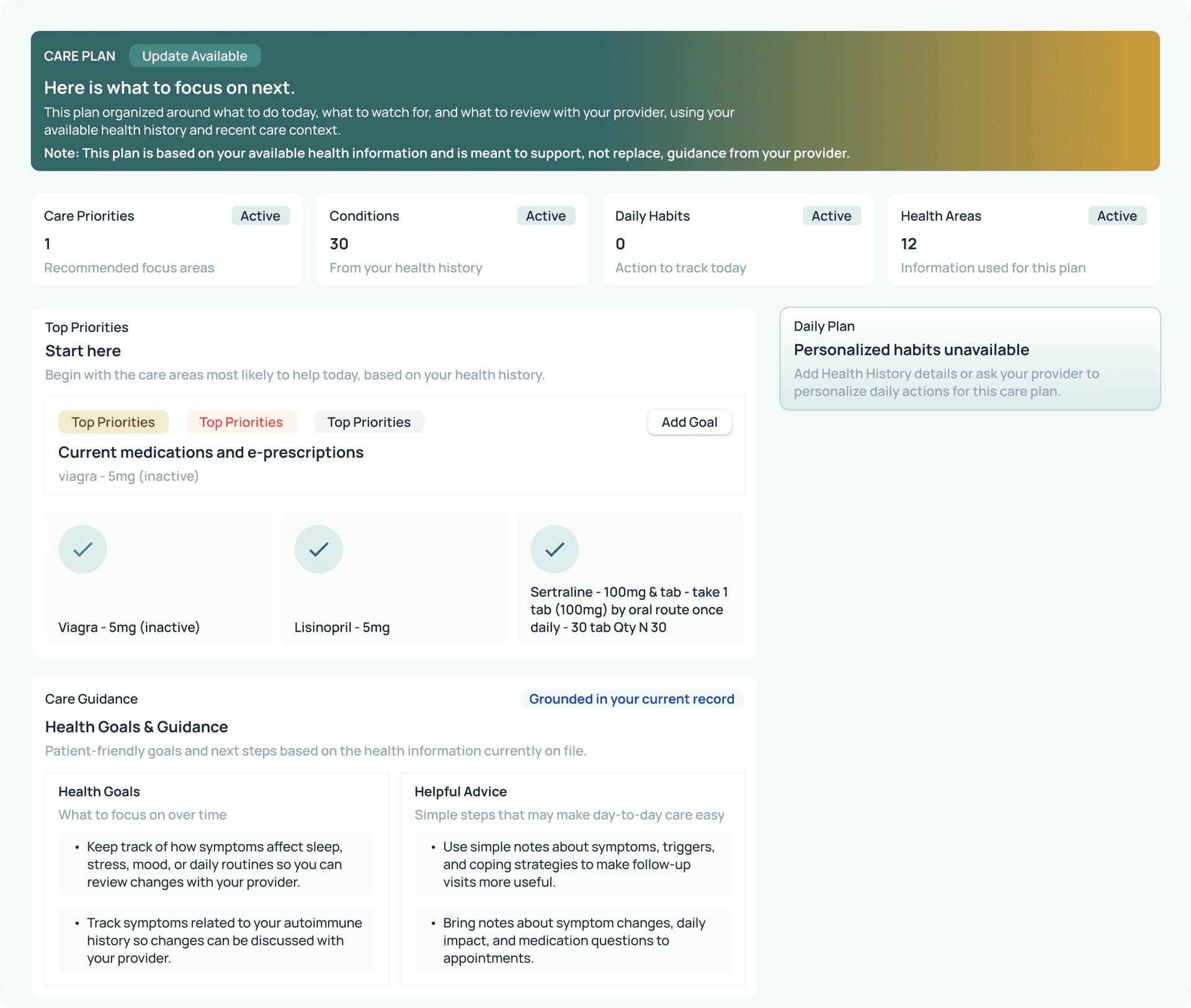 Screenshot of care plan tracking