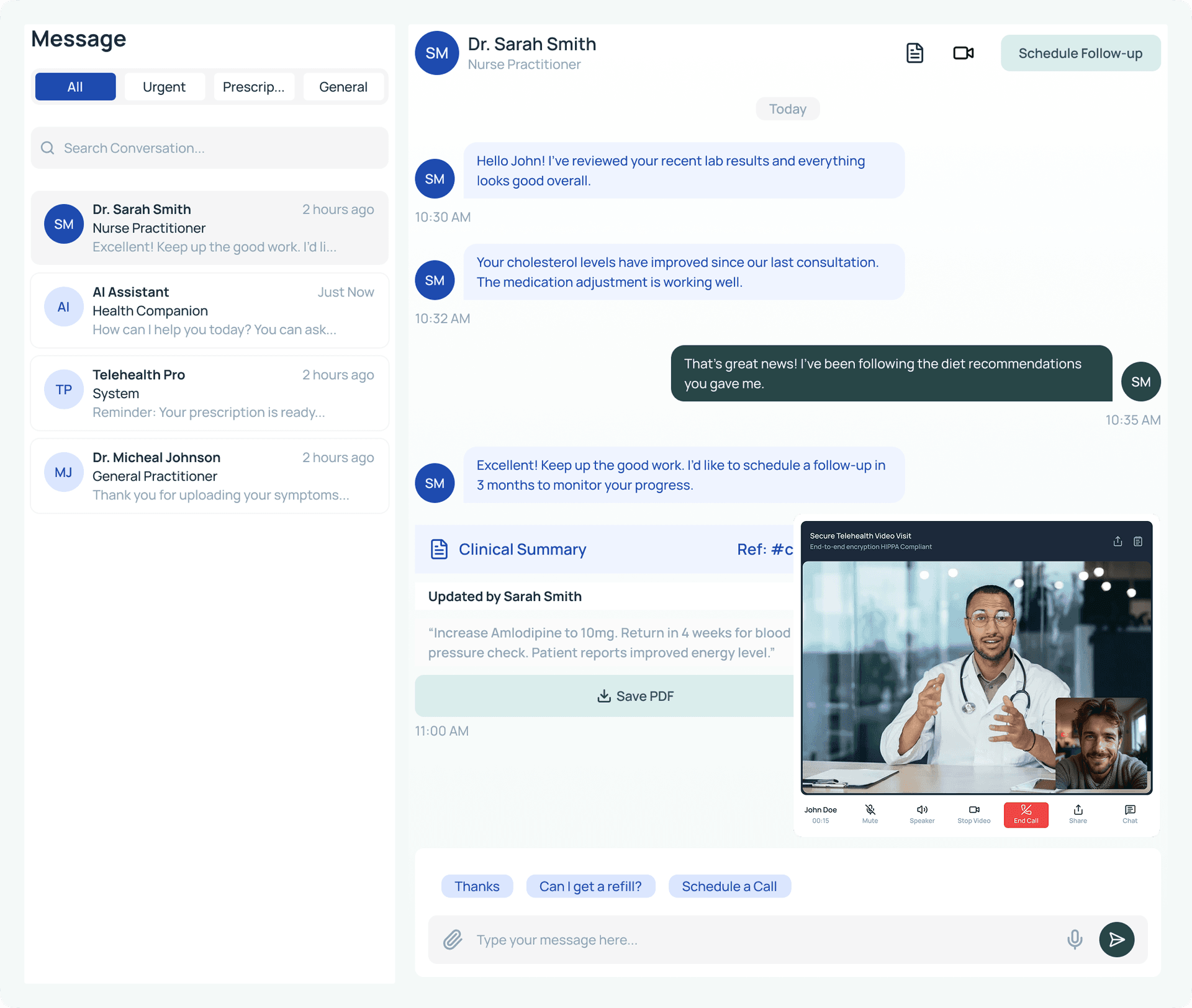 Screenshot of secure patient messaging