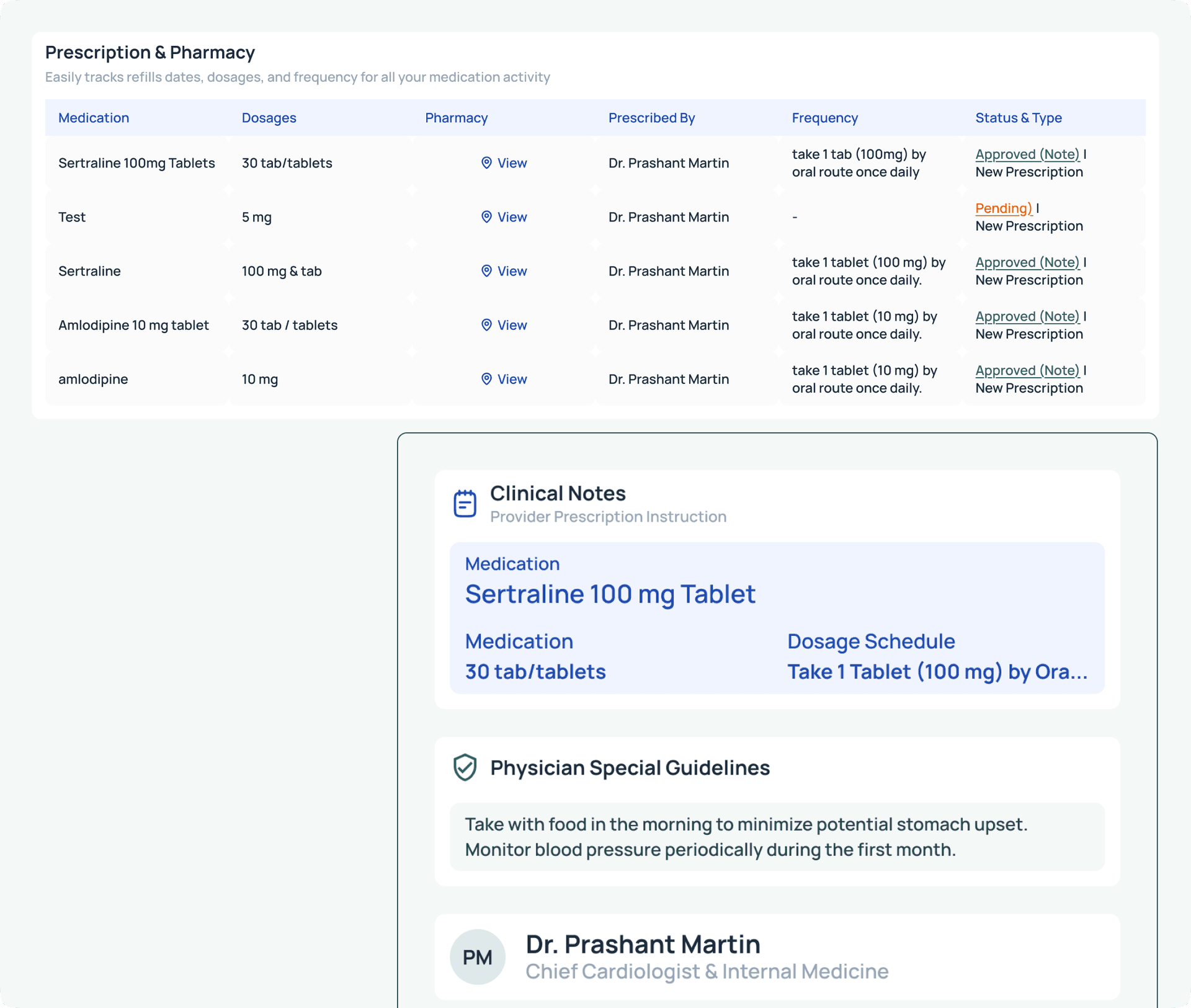 Screenshot of prescription management