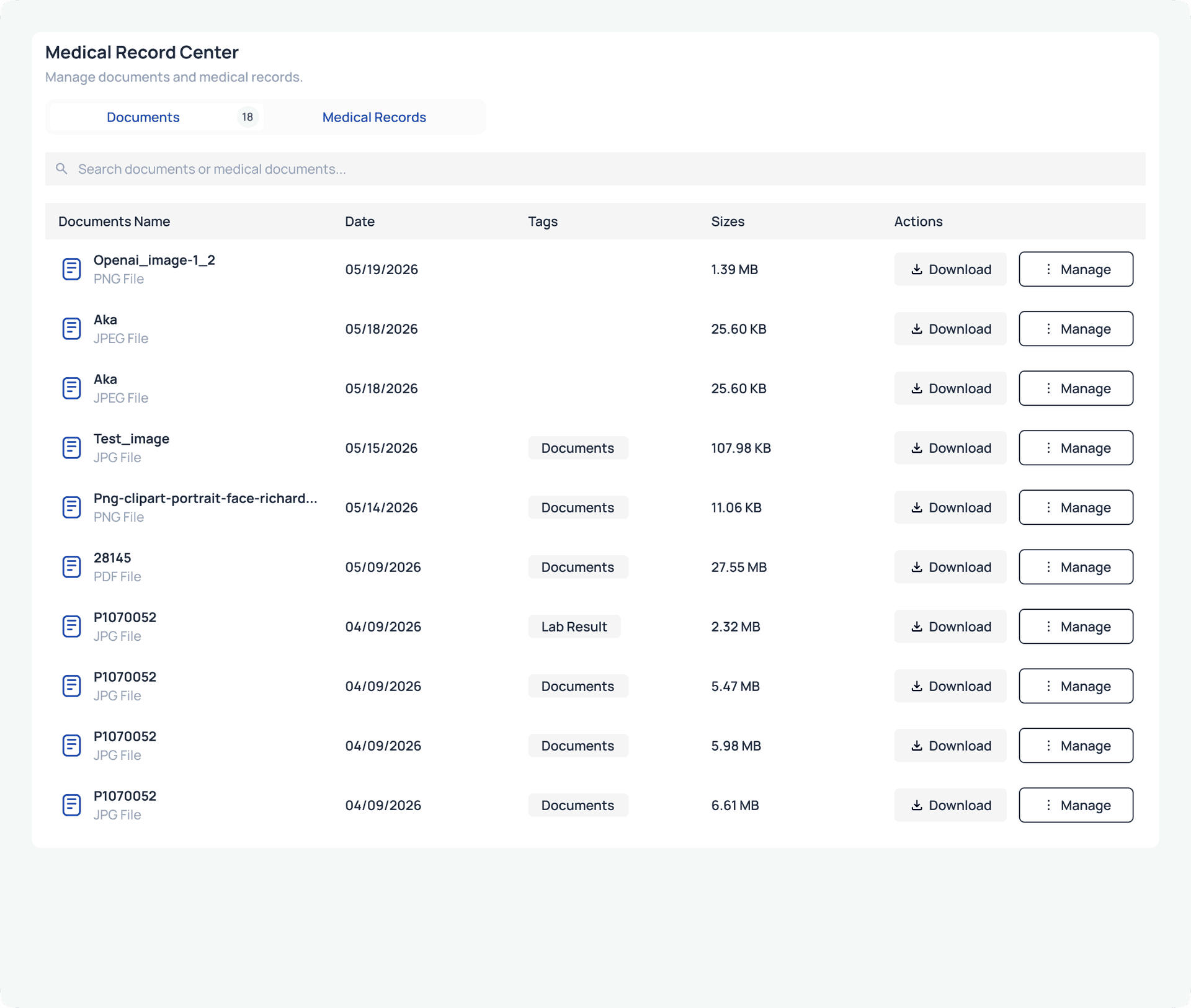 Screenshot of health records access