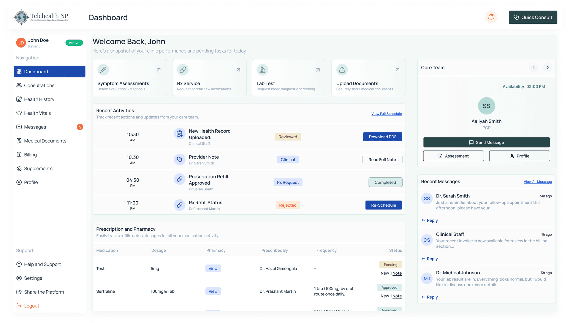 Patient dashboard showing appointments, vitals, messages, and health record widgets