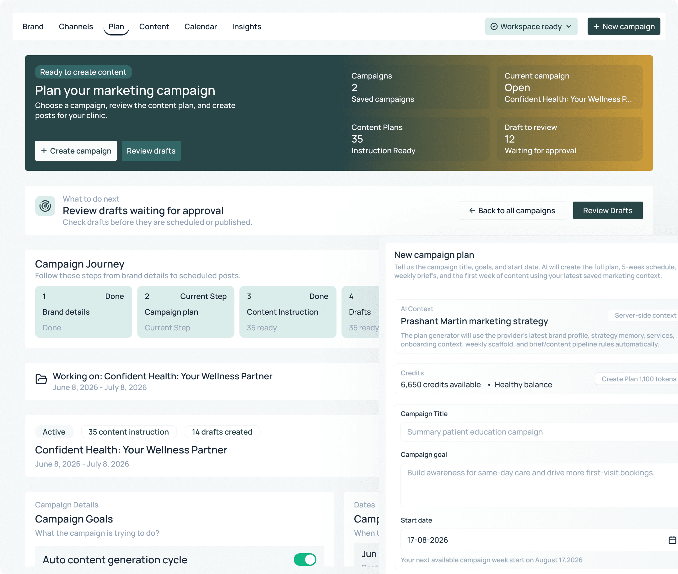 Provider marketing campaign dashboard showing campaign and profile promotion tools
