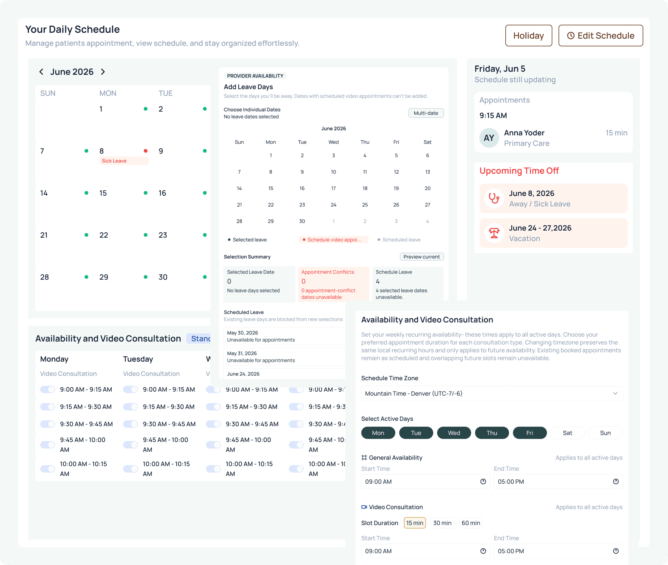 Provider scheduling dashboard showing calendar availability and appointments