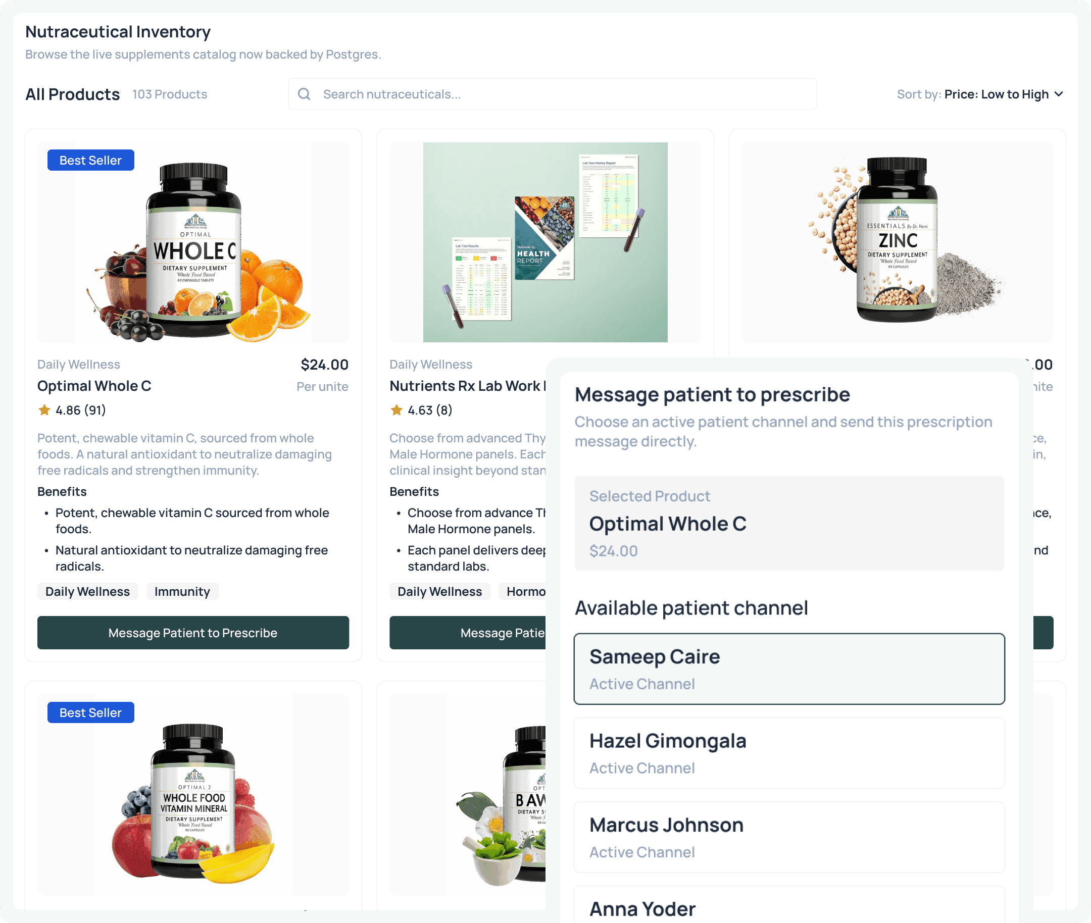 Supplement recommendation dashboard showing product suggestions and patient details